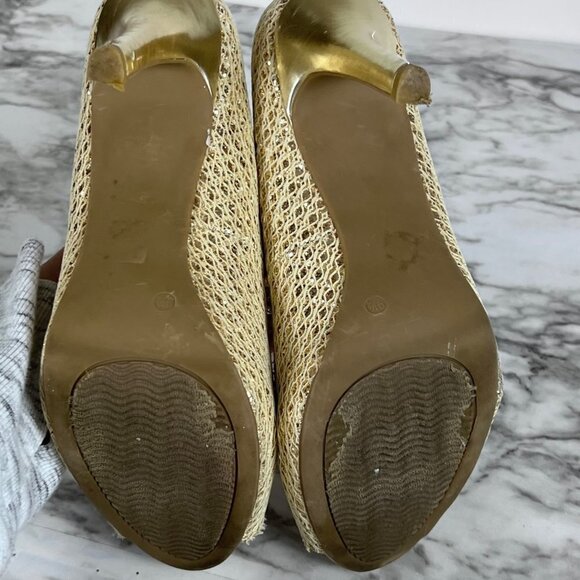 𝅺AUDREY Brook Peep Toe Heels Quillan Gold Cross Stitch size 9.5 - Picture 11 of 13